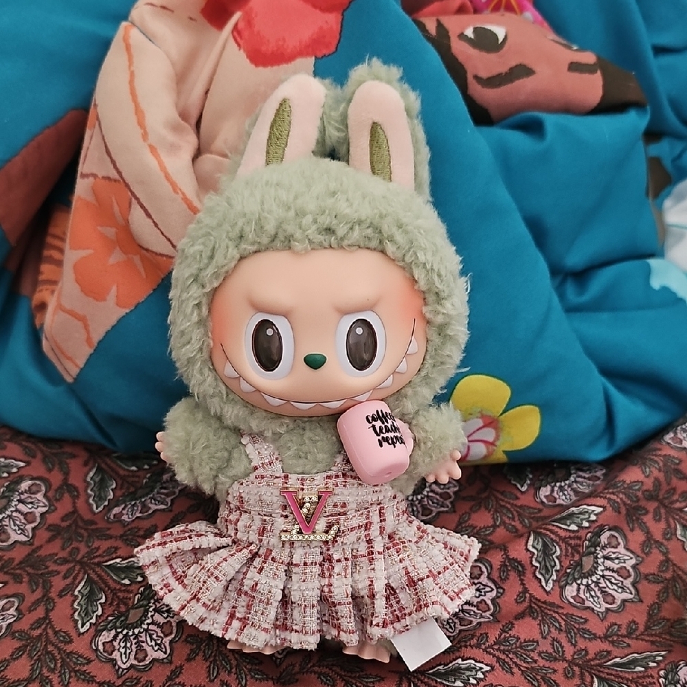 Green Plush Bunny Doll with Pink Dress